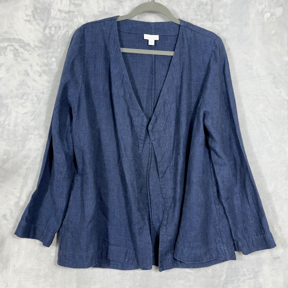 Pure Jill Women Cardigan M‎ Blue 100% Linen Open Front Long Sleeve V-Neck Jacket